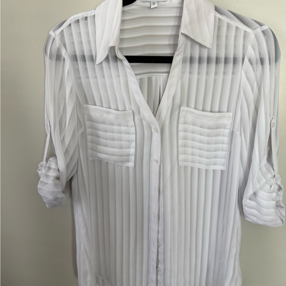 Express White Sheer Striped Button Down Shirt - Picture 1 of 3